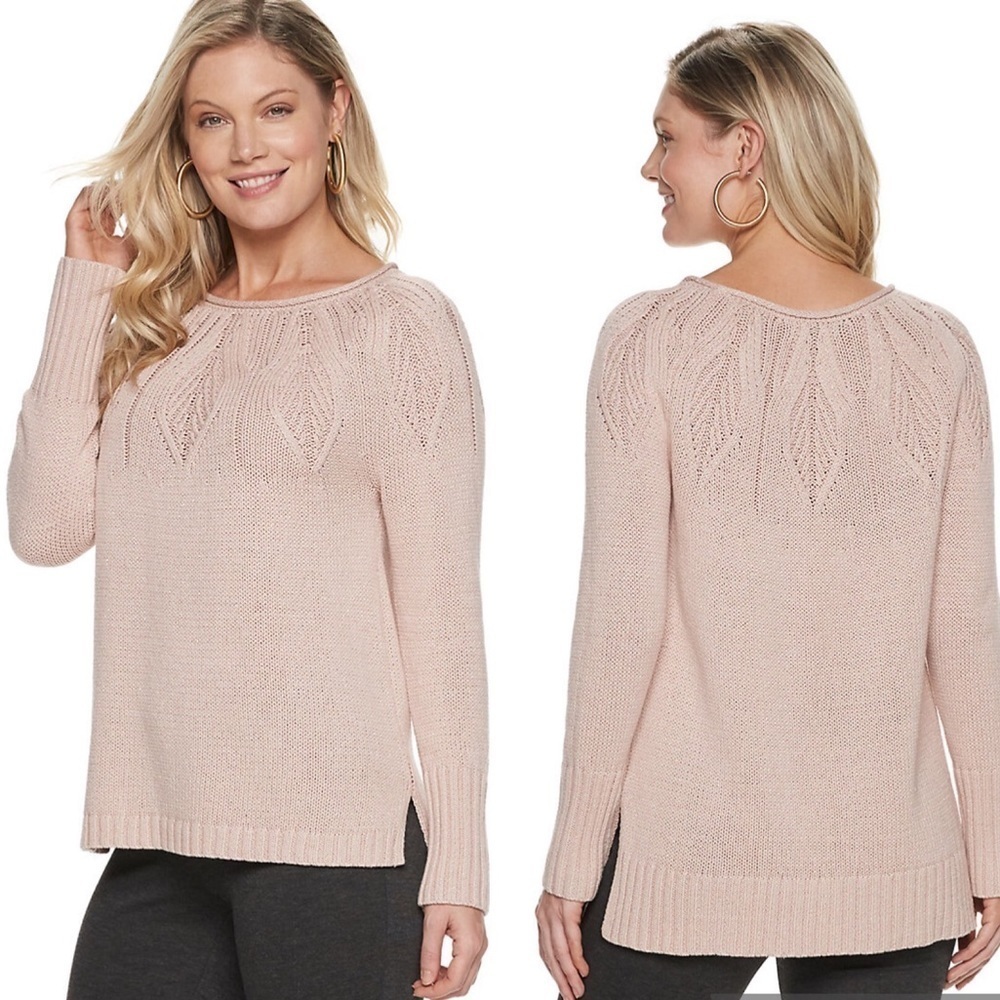 Chaps Pink Gold Leaf Stitch Boatneck Sweater - Picture 10 of 10